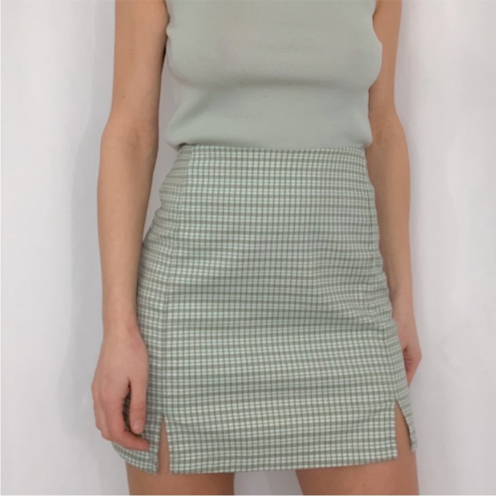 Brandy Melville Cara Mini Skirt Green and White Check Plaid XS OS One Size